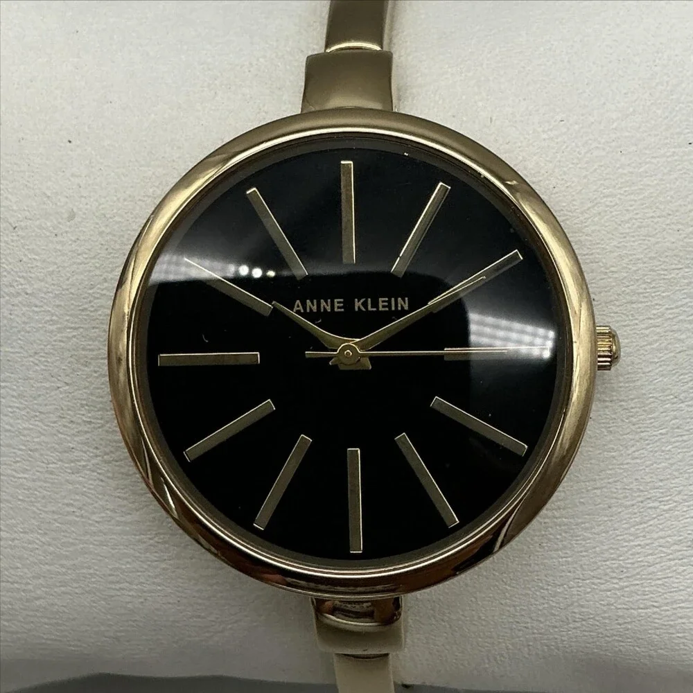 Anne Klein Womens Watch 32mm Black Dial Gold Tone Bangle New Battery 6.75